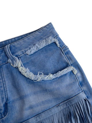 Aria Vintage Washed Raw Edge Tassel Denim Culottes | Light Blue