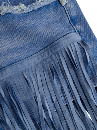 Aria Vintage Washed Raw Edge Tassel Denim Culottes | Light Blue