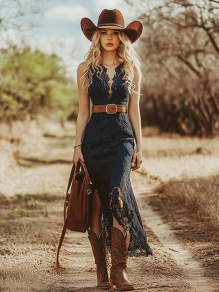 Vintage Bohemian Blue Lace Sleeveless Midi Dress | Elowen