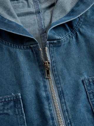 Casual Retro Hooded Zip Denim Jumpsuit