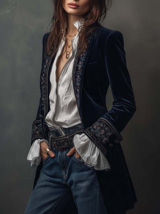 Vintage Embroidered Navy Velvet Long Jacket | Isabella