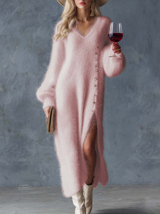 Imitation Rabbit Fur Knit Side Slit Midi Dress | Elara