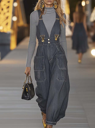 V-Neck Suspender Denim Jumpsuit | Elowen