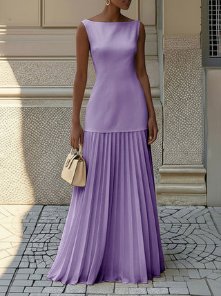 Sleeveless Pleated Gauze Boat Neck Maxi Dress | Aurelia