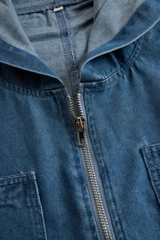 Casual Retro Hooded Zip Denim Jumpsuit