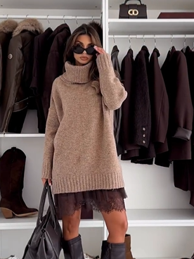 Elegant roll-neck knit mini dress set for women