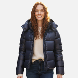 Glossy hooded lightweight puffer jacket for women