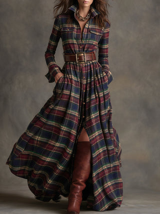 Retro Ethnic Lapel Plaid Maxi Dress with Belt