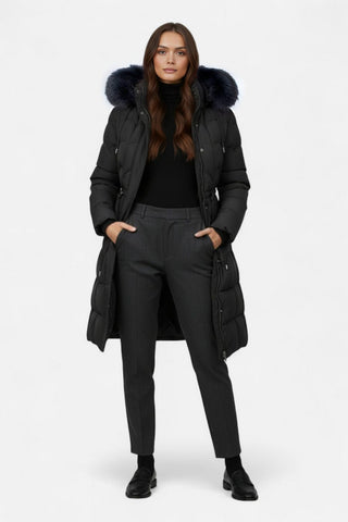 Long puffer coat with hood and adjustable waist for women | Caurelle