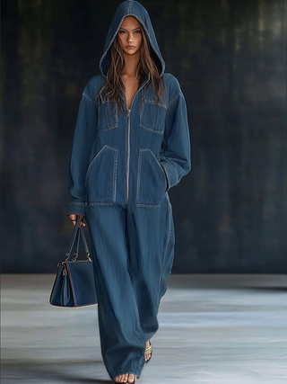Casual Retro Hooded Zip Denim Jumpsuit