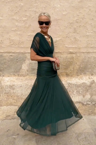 V-Neck Pleated Maxi Dress – Refined Flowing Silhouette