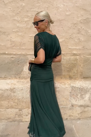 V-Neck Pleated Maxi Dress – Refined Flowing Silhouette