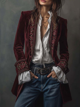 Vintage Embroidered Navy Velvet Long Jacket | Isabella