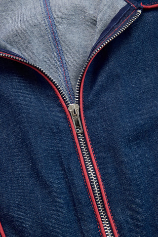 Vintage Red Topstitched Denim Wide-Leg Jumpsuit