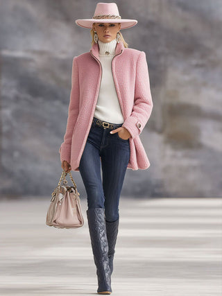 Casual Vintage Pink Polar Fleece Zip-Up Jacket | Elara