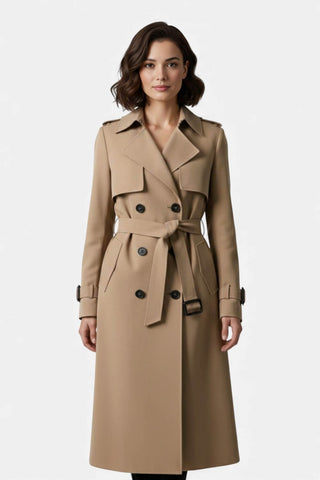 Belted long trench coat with double-button front for women | Caurelle