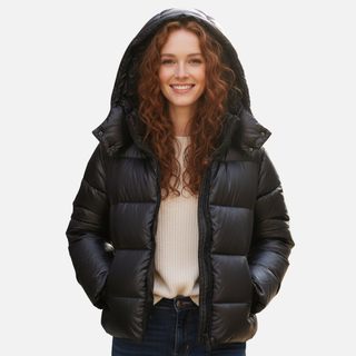 Glossy hooded lightweight puffer jacket for women