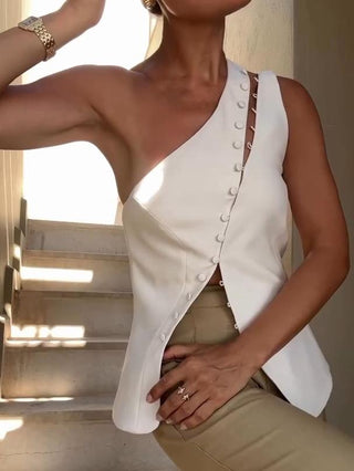 One-shoulder button-detail everyday top for women | Dione