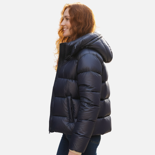 Glossy hooded lightweight puffer jacket for women