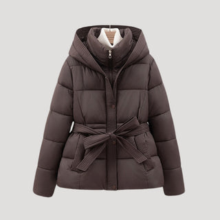 Belted hooded puffer jacket for women | Elara