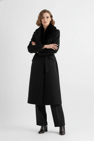 Long coat with soft collar and belted waist for women | Caurelle