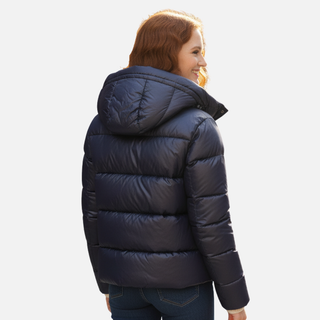Glossy hooded lightweight puffer jacket for women