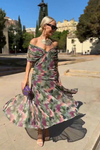 V-Neck Pleated Maxi Dress – Refined Flowing Silhouette