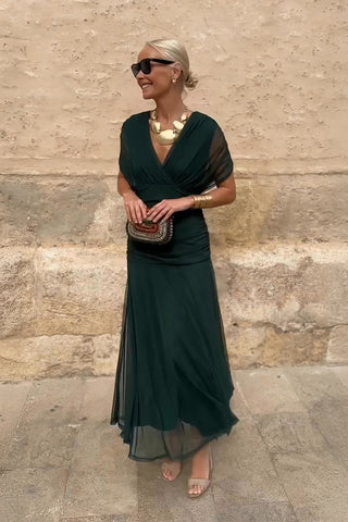 V-Neck Floral Maxi Dress – Refined Pleated Silhouette
