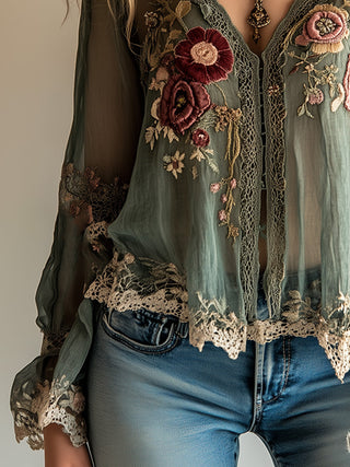 Bohemian Vintage Green Embroidered Shirt | Elowen