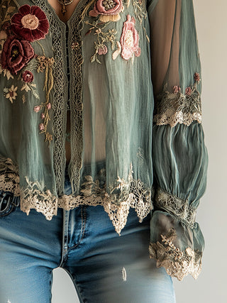 Bohemian Vintage Green Embroidered Shirt | Elowen