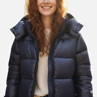 Glossy hooded lightweight puffer jacket for women