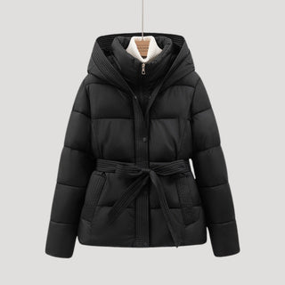Belted hooded puffer jacket for women | Elara