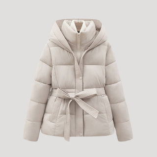 Belted hooded puffer jacket for women | Elara