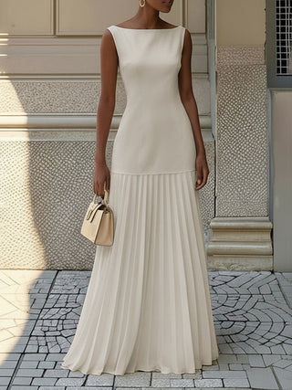 Sleeveless Pleated Gauze Boat Neck Maxi Dress | Aurelia