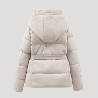 Belted hooded puffer jacket for women | Elara