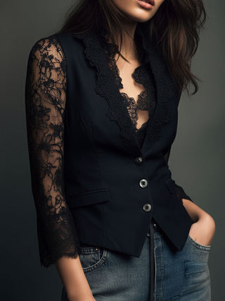 Elegant Lace Sleeve Blazer Top | Noiré