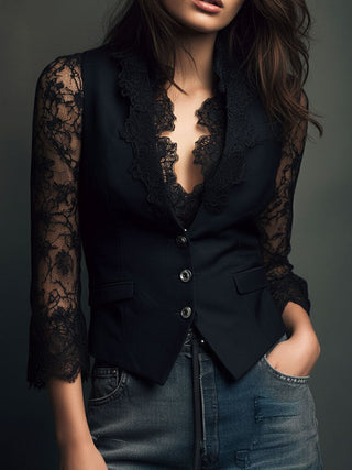 Elegant Lace Sleeve Blazer Top | Noiré