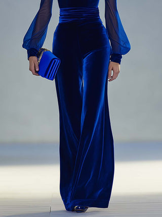 Vintage Royal Blue Velvet Mesh Sleeve Jumpsuit | Elena