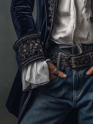 Vintage Embroidered Navy Velvet Long Jacket | Isabella