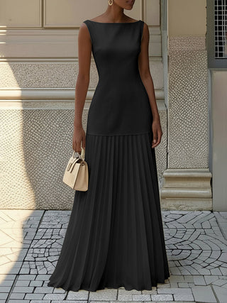 Sleeveless Pleated Gauze Boat Neck Maxi Dress | Aurelia