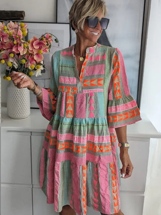 Chic V-neck cotton hemp summer dress for women | Ava