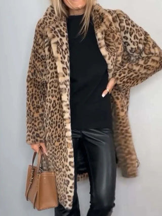 Leopard print mid-length plush coat for women | Valentina