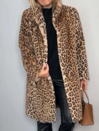 Leopard print mid-length plush coat for women | Valentina