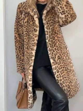 Leopard print mid-length plush coat for women | Valentina