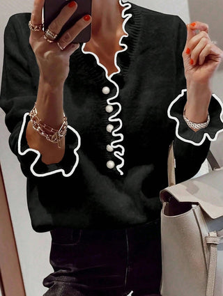 Pearl button V-neck knit sweater for women | Elise