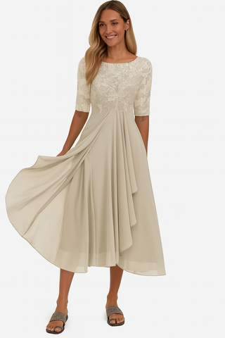 Vera Elegant Women’s Dress – Lace & Chiffon A-Line Midi Dress with Short Sleeves