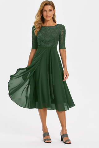 Vera Elegant Women’s Dress – Lace & Chiffon A-Line Midi Dress with Short Sleeves