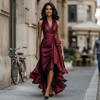 Elegant halter neckline ruffle gown for women | Seraphine -16