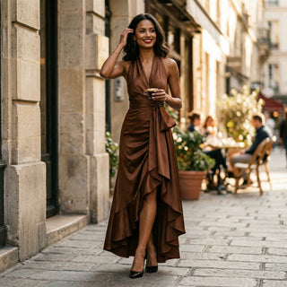 Elegant halter neckline ruffle gown for women | Seraphine -13