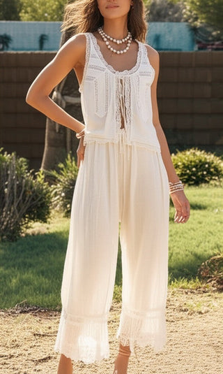 Vintage lace-trim tank and wide-leg pants set for women | Mirelle